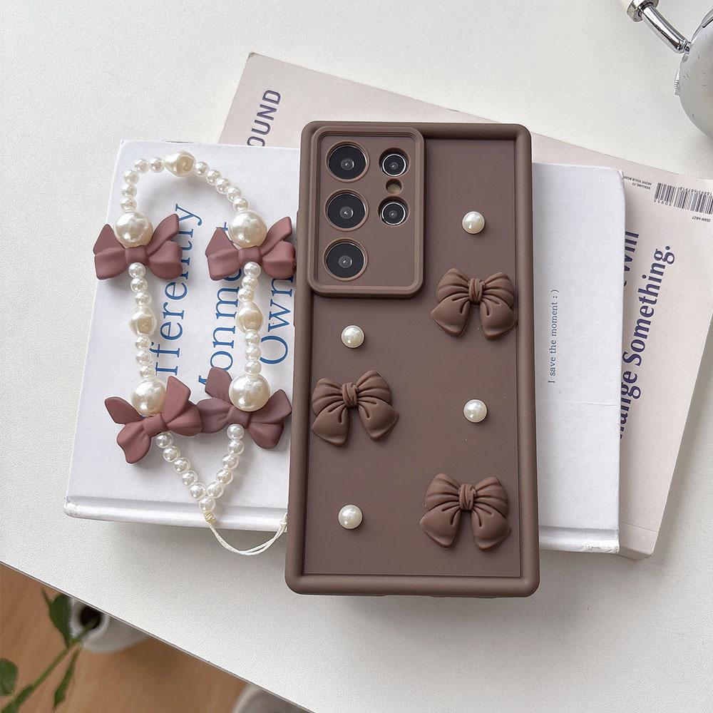 NEU 3D Schleife Perle Silikon Handyhülle Für Samsung S25 S24 S23 S22 S21 Plus Ultra S21 S23 S24 FE Mit Kette Weiche Hülle Geschenk Galaxy S23 FE kaffeebraun