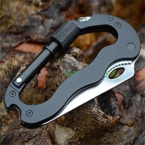 5-in-1-Multifunktionswerkzeug-Karabiner mit Messer, Verriegelungshaken, Schraubendreher, Flaschenöffner für Outdoor-Camping, Wandern, Überlebensausrüstung schwarz