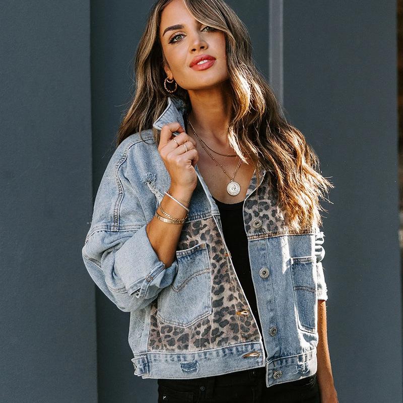 Jeansjacke mit Leopardenmuster für Damen, Boyfriend-Jeansjacke aus Jeansstoff für Damen XL blau