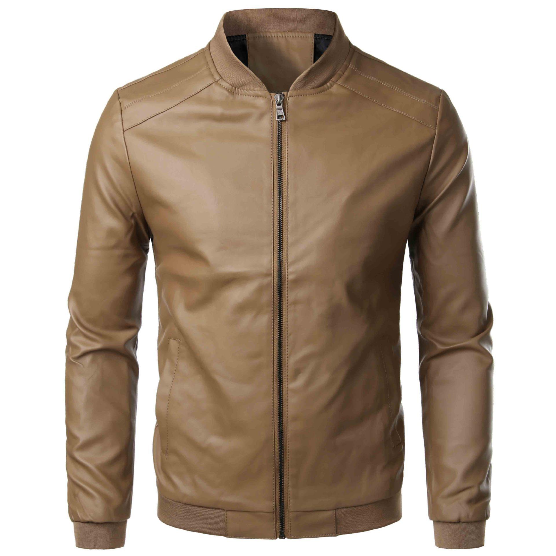 Herren Frühling Herbst Neue Lederjacke Mode High End Trendige Motorrad Koreanischer Stil Slim Fit Stehkragen Oberbekleidung M khaki