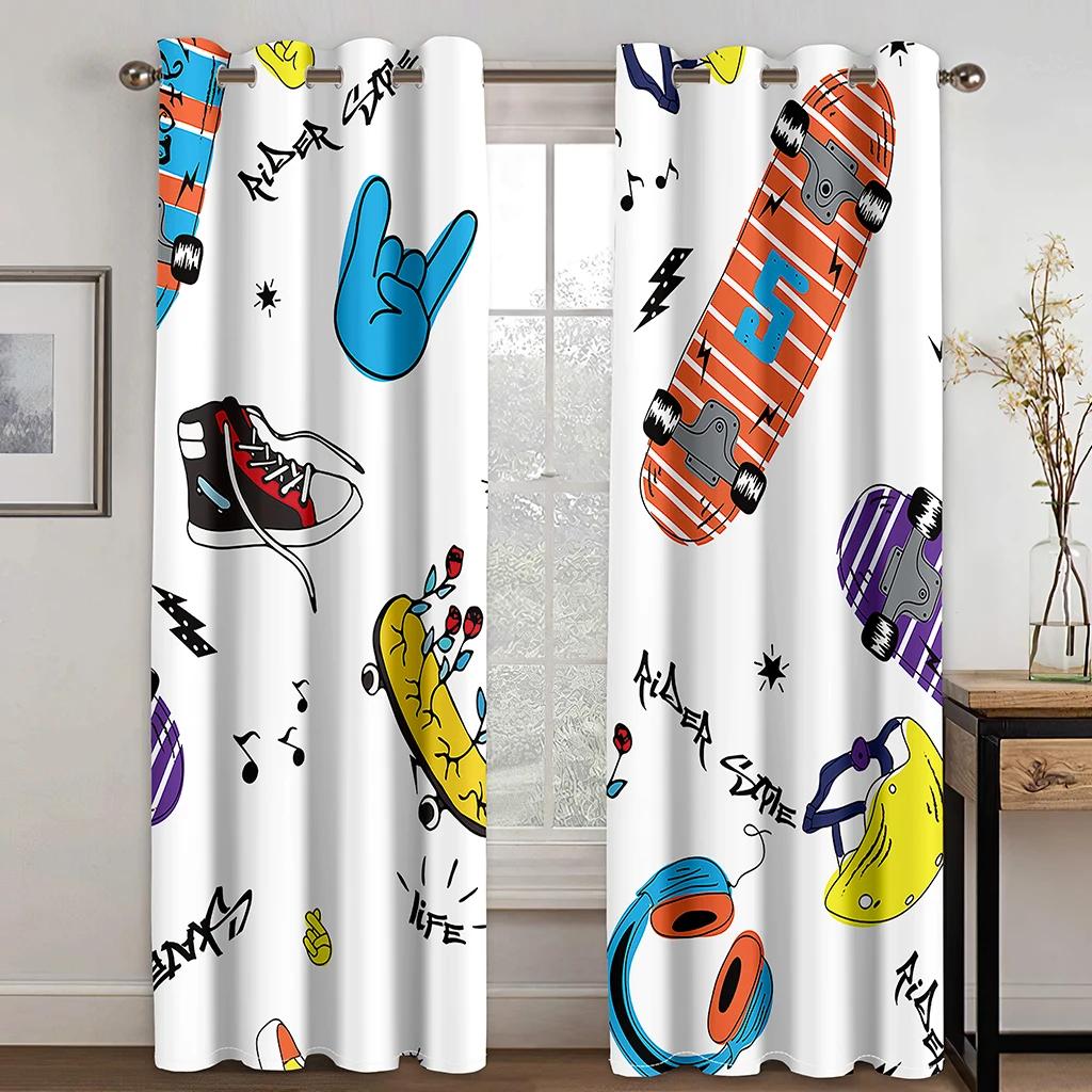 Kreative Graffiti Skateboard Vorhänge Minimalistisch Klassisch 2 Paneele Wohnzimmer Schlafzimmer Küche Balkon Fensterdeko Vorhänge 70W185H(CM)X2PCS&Hook