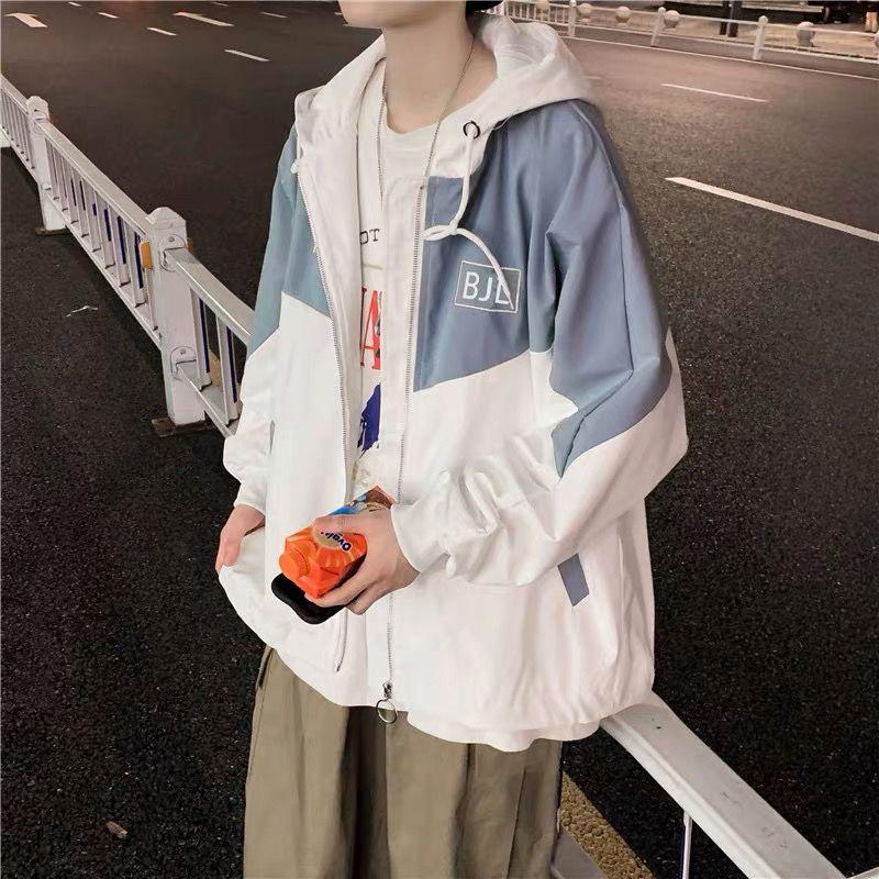 Colorblock Jacke Herren Locker Vielseitig Kapuzenwindjacke Mantel Paarkleidung Dünn Kurz Reißverschluss Langarm Lässiger Mantel Arbeitskleidung S