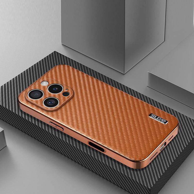 Für iPhone 16 15 14 13 12 11 Pro Max Luxus Leder Kohlefaser Muster Handyhüllen Für iPhone 16 Pro Schutz Rückseite For iPhone 11Pro Max