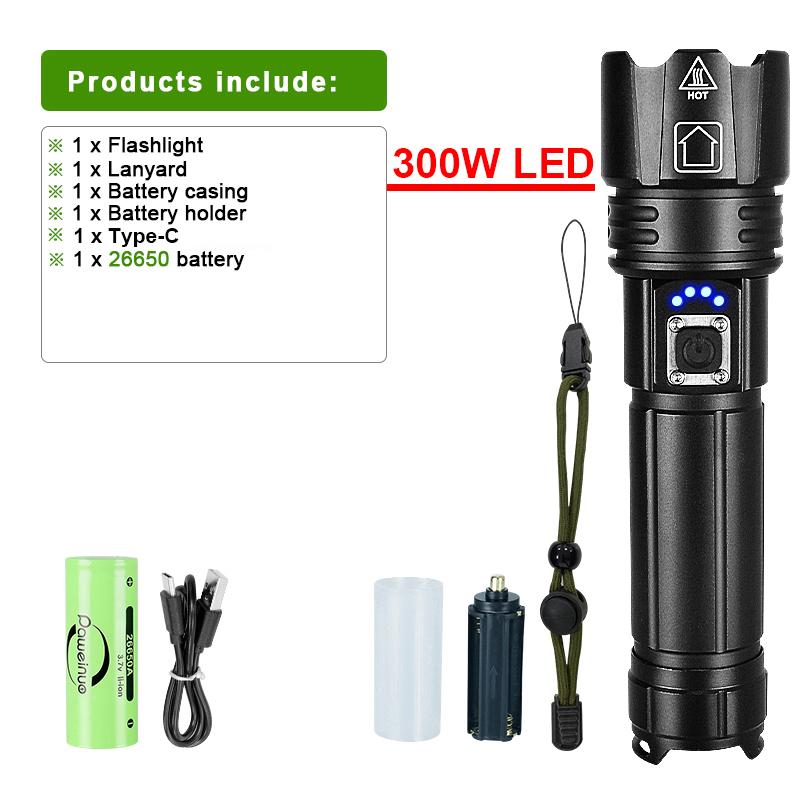 2000000 Lumen Hochleistungs-Taschenlampe 300W LED-Blitzlicht Aufladbare Taschenlampe 26650 Zoom Handlampe Wasserdichte Außenleuchte Campinglaterne Kit C schwarz