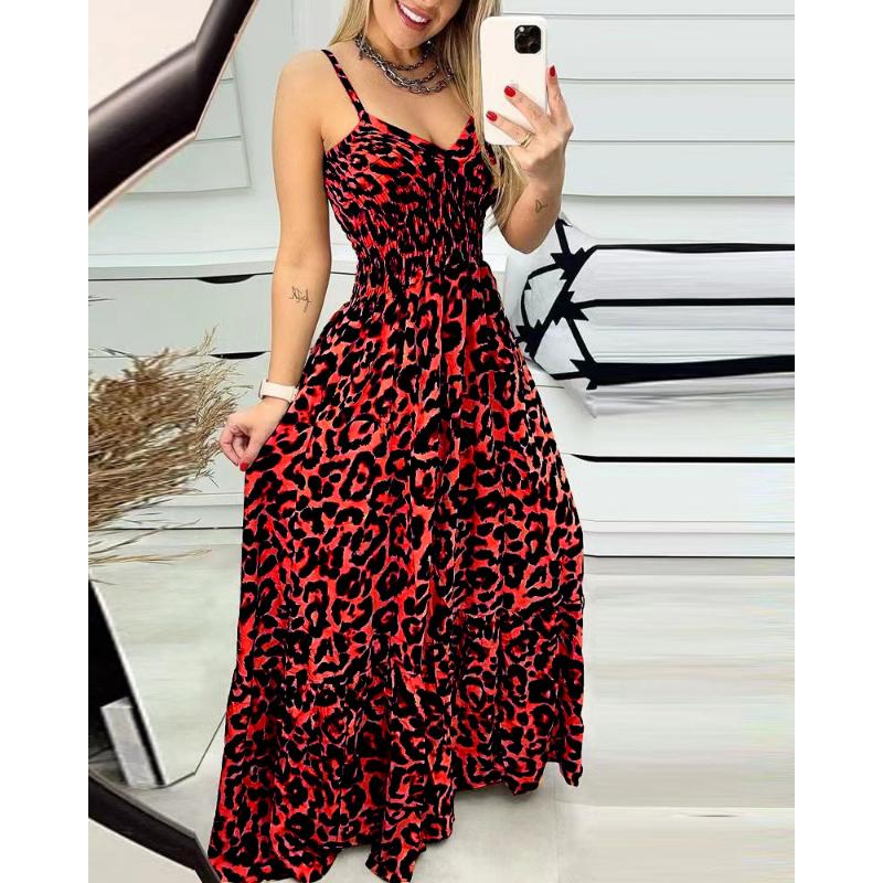 Sommer Frau Halfter Kleid Leopard Print Halter V-ausschnitt Kleid Hohe Taille Kleid Sexy Temperament Mode Lange Kleid 4XL rot