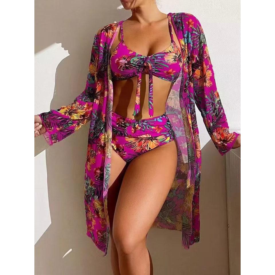 Sexy Damen-Strandbikinis, dreiteiliges Bikini-Set, Bademode mit hoher Taille, Bikini-Set für Damen, Bademode mit Druck XXL rose rot