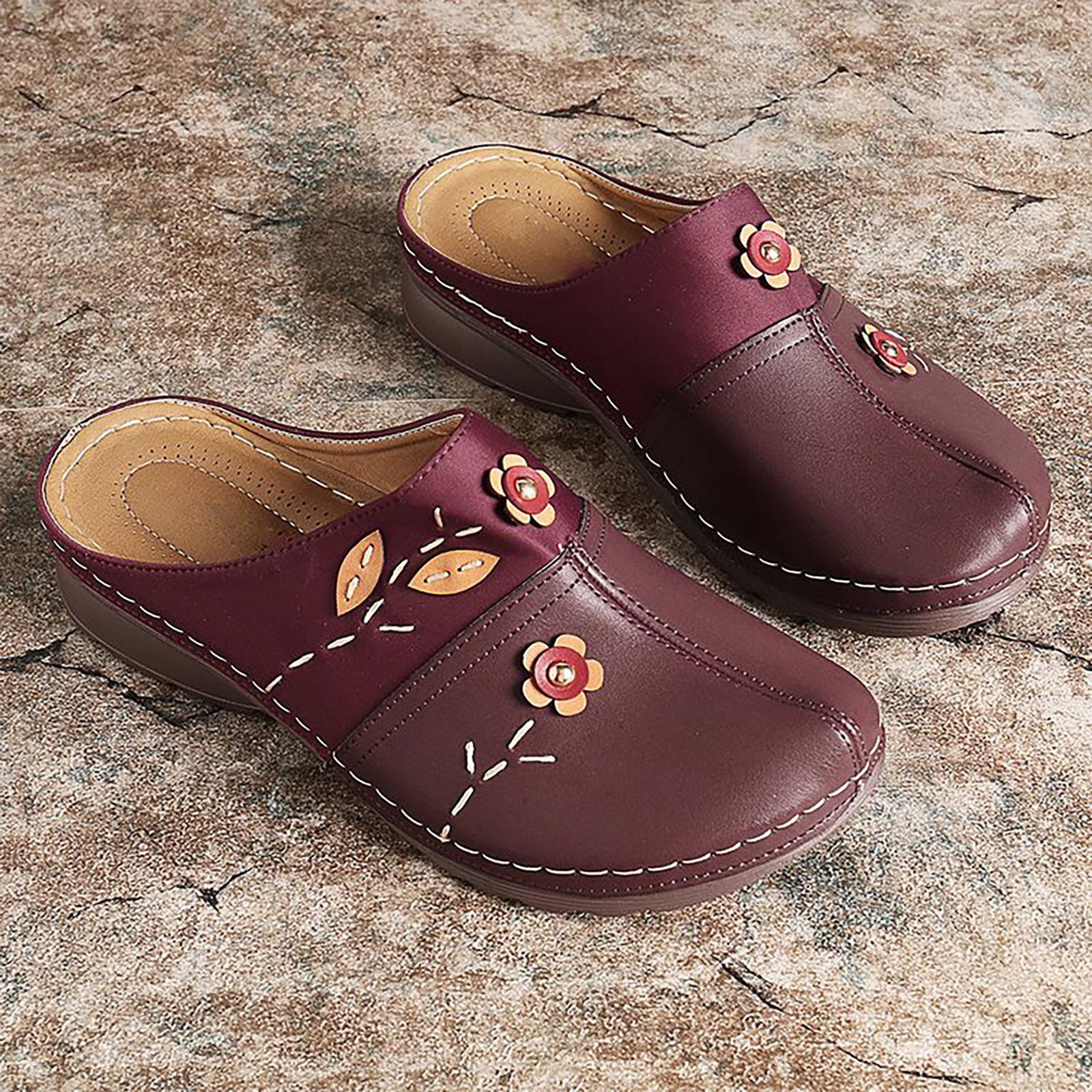 Gracosy Clogs-Schuhe, Leder-Slipper, Slip-on-Pantoletten, Antil-Slip-Strandsandalen 42 weinrot