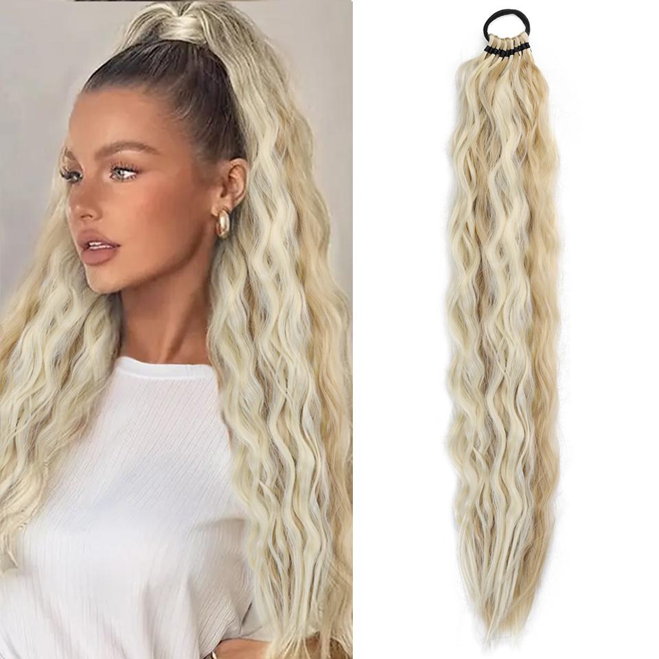 Wasserwelle Lockiger Langer Pferdeschwanz Synthetische Perücke Gummiband-Stil Lockiger Pferdeschwanz Perücke Geeignet für Damen Täglich Party Tanzbekleidung 60CM beige