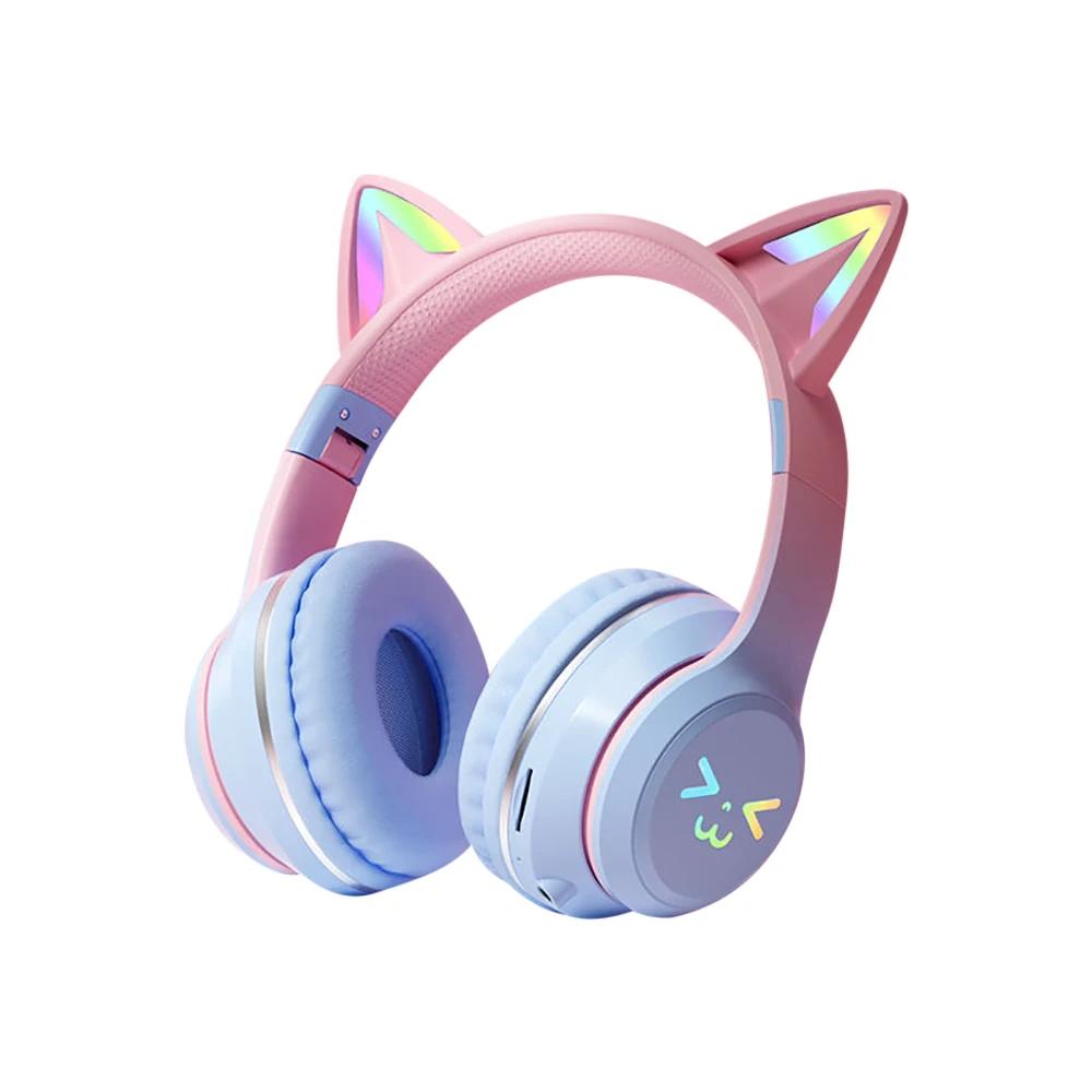 Gradient Drahtlose Kopfhörer RGB Nette Katze Ohr Bluetooth Kopfhörer mit Mikrofon Stereo Musik Spiel Kopfhörer Mädchen Kinder Geschenke blau