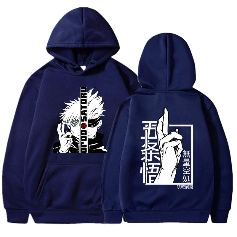 Neues Anime-Sweatshirt Cool Gojo Satoru Grafikdruck Hoodies Mode Lässig Langarm Pullover Mode Sport Fleece Hoodie S navy blau