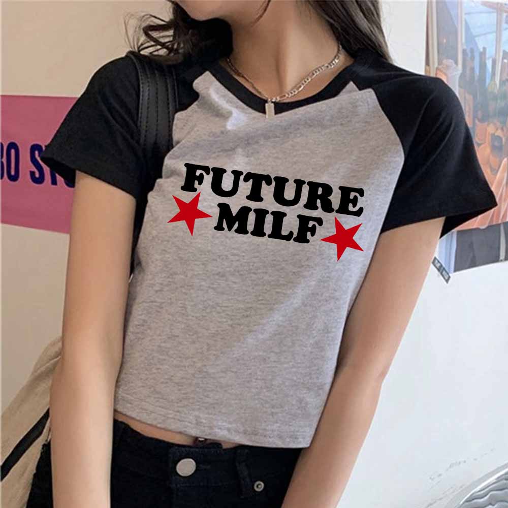 Y2k Crop T Shirts Future Milf Star Fashion Damen Crop Top Harajuku Streetwear Schlankes T-Shirt Sommer Grafik Streetwear T-Shirt M grau