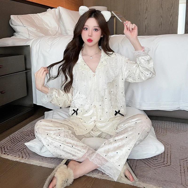 Süßer Spitzen-Samt-Pyjama für Damen, Herbst-Pyjama, Samt-Pyjama-Oberteile, Hosen, Pyjama-Sets, Heimkleidung L weiß