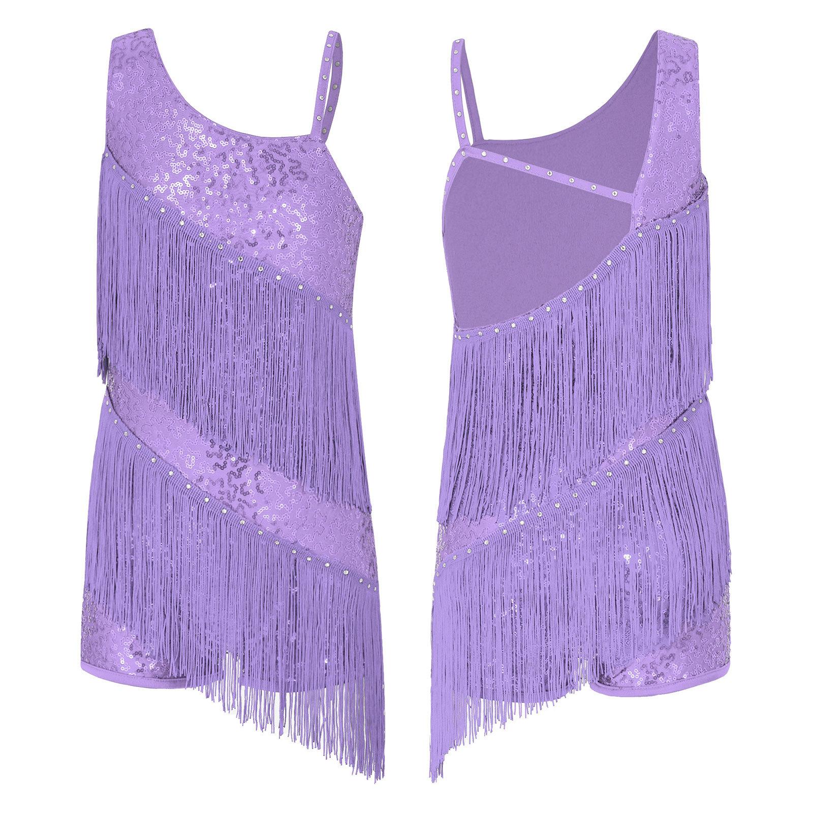 Kinder Tanzen Wettbewerb Party Tragen Mädchen Pailletten Ballsaal Kostüme Quaste Latin Jazz Dance Performance Kleid 9-10 Years lavendel