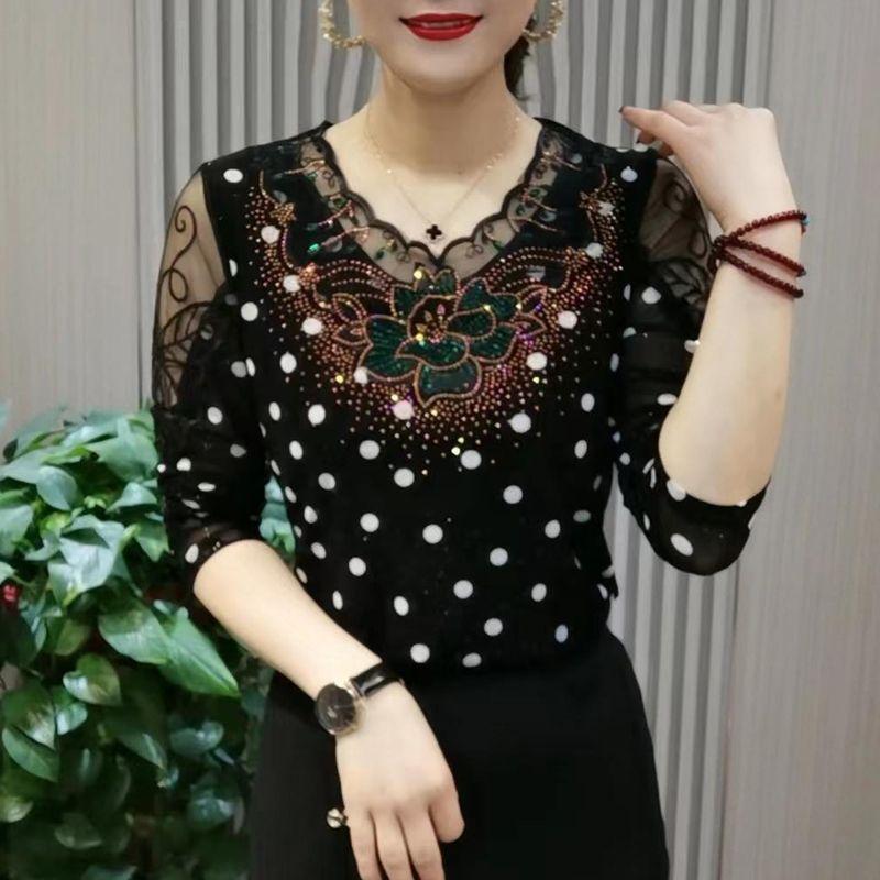 Damen Frühling und Sommer Spitze Punkt Langarm Große Größe Lose Top Große Größe Mesh Langarm 3XL