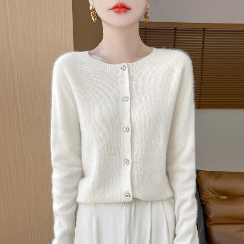 Damen Rundhals Strickjacke Qinghe Kaschmir 30% Kaschmir 70% Wolle Damen Herbst und Winter Kaschmir Strickjacke weich und warm XL weiß