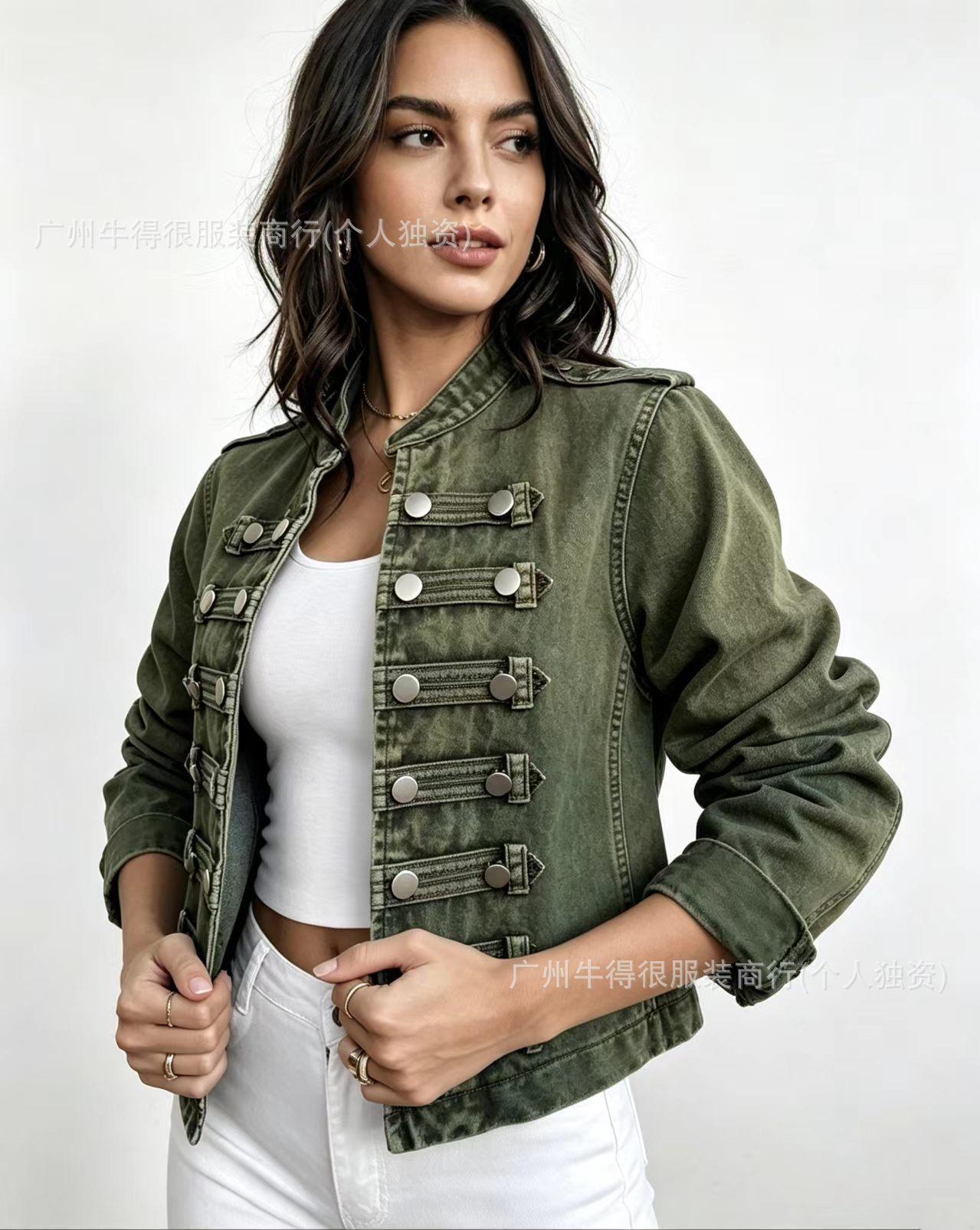 Damen V-Ausschnitt Zweireihige Jeansjacke Langarm Knöpfe Lässig Jeansjacke mit ausgestelltem Ärmel S black