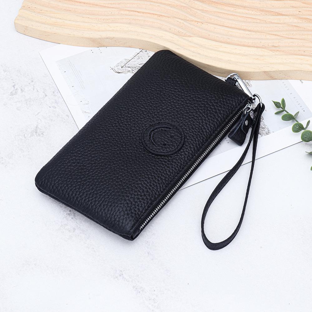 Einfarbiges Multifunktionales Langes Portemonnaie, Mode Echtes Leder Clutch Münzfach, Damen Kartenhalter Reißverschluss Portemonnaie Handtasche black