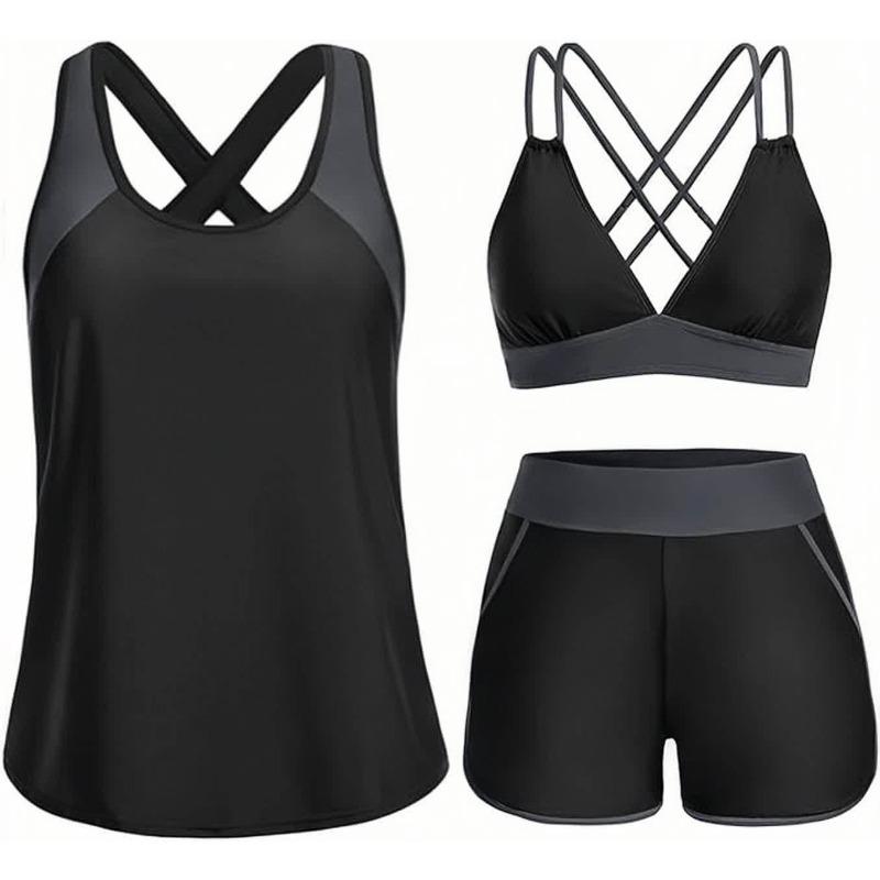 Dreiteiliger Bikini für Damen mit Taschen, Kreuzdesign, Schöner Rücken, Bikini-Boxershorts, Sport-Bikini M