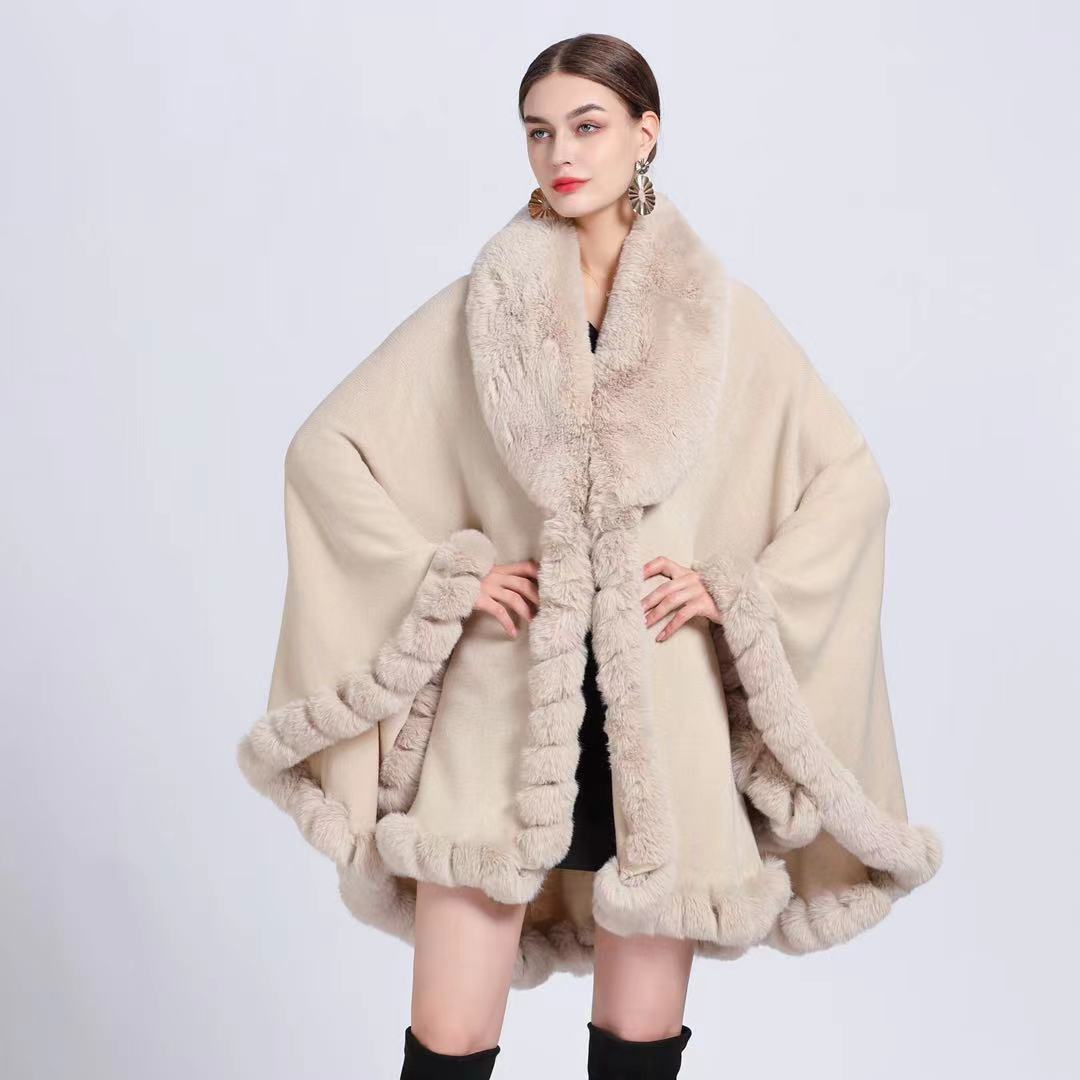 Eleganter V-Revers-Faux-Rex-Kaninchen-Pelz-Mantel-Umhang-Winter-Frauen-großer langer Schal-voller Trim-Pelz-Strickmantel-Mantel-großer Parka One size beige