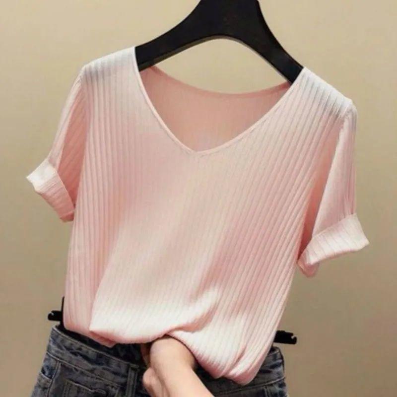 Kurzarm-T-Shirt Damen Sommer Koreanische Version Slim-Fit Halbarm V-Ausschnitt Gestricktes Unterteil Bluse Bluse Frau S rosa