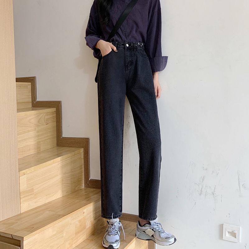 Frühling und Herbst Gerade Hosen Hohe Taille Slim Allround-Jeans Damen Locker Weitbeinige Hosen Alte Hosen Trend XXL gray