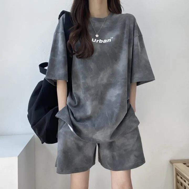 Damen T-Shirt Shorts Anzug Set Lässiges Batik-T-Shirt und Shorts mit weitem Bein in der Mitte mit Taschen Weiche Sommer-Shorts-Sets für Damen XL grau