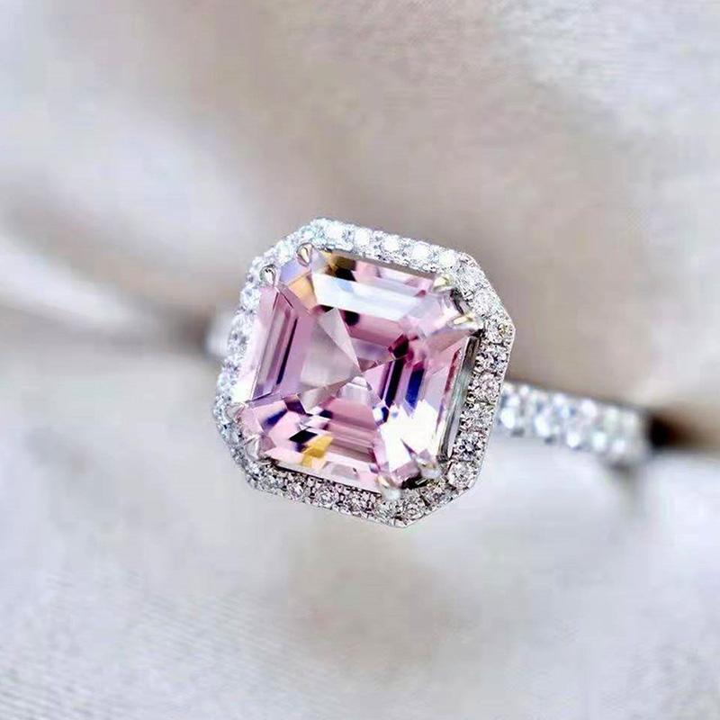 Huitan Schlichte und elegante rosa CZ Ringe für Damen Brillante Fingeraccessoires Dezente Verlobungsringe Modeschmuck 6