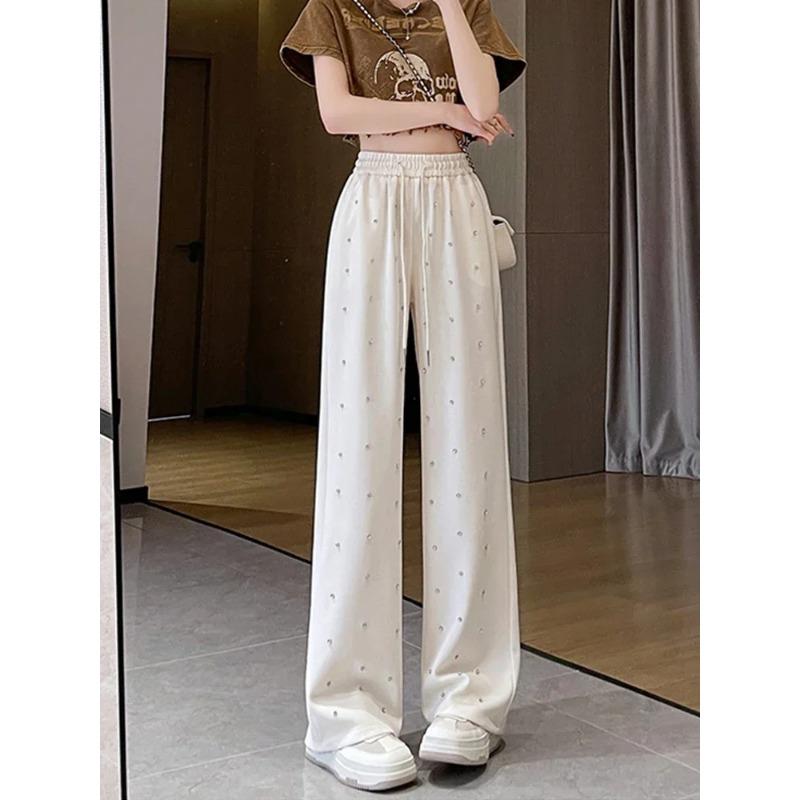 Heavy Industry Hot Diamond Wide Leg Pants für Damen im Frühjahr, neue lässige Hose mit hoher Taille und geradem Bein, Drop Floor Dragging Pants S weiß