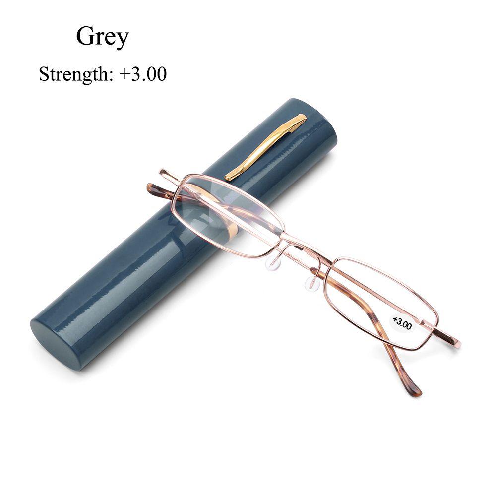 Brillenetui, klein, kompakt, Metall, tragbar, mit Stift, Tube-Etui, Lesebrille, Presbyopie-Brille Strength 3.00 graue