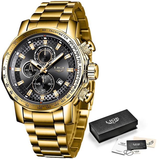LIGE Uhren Herren Luxus Chronograph Edelstahl Großes Zifferblatt Quarz Herrenuhr Casual Sportuhr gold