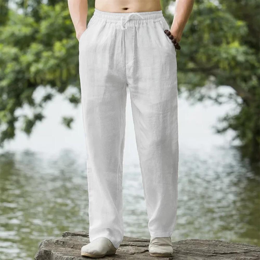 Herrenhose aus Baumwollleinen, Hawaii-Urlaub, Strandhose, atmungsaktiv, Streetwear, Freizeithose, lockere Herrenhose M weiß