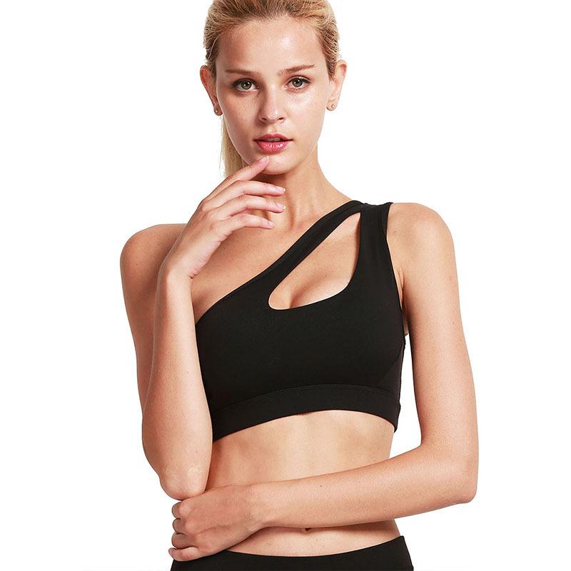 Damen Sport-BH Push Up Fitness BHs One-Shoulder Stoßfest Yoga BH Schwarz Weiß Yoga Lauf BH Sexy Weste M schwarz