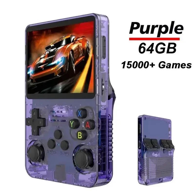 R36S Handheld-Spielekonsole, 3,5-Zoll-IPS-Bildschirm, 128 GB, 20.000 klassische Retro-Spielekonsolen, Linux-System, tragbarer Taschen-Videospiel-Player 64G violett