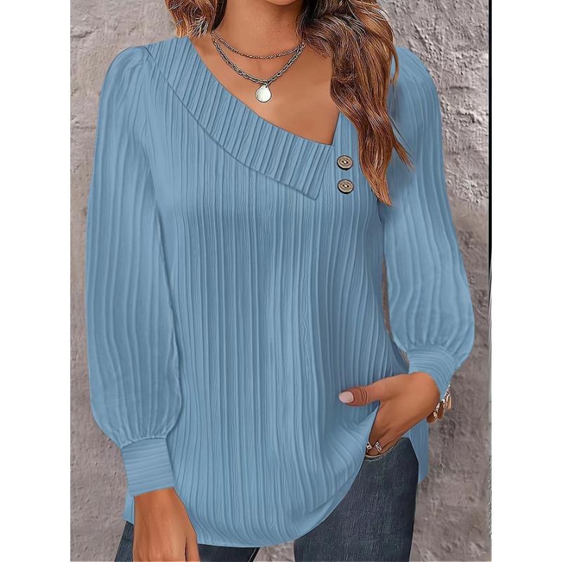 Frühling und Herbst Damen Bluse Einfache Plissee Bluse V-Ausschnitt Knopf Einfarbig Langarm Top M hellblaue