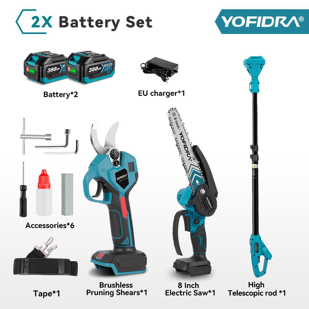 YOFIDRA Bürstenlose Elektrische 8 Zoll Kettensäge 32MM Schere Teleskopstange Hochentaster Für Makita 18V Akku Stifte 2 Battery EU Plug