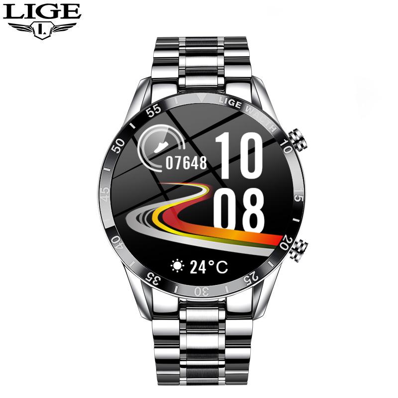 LIGE 2022 Volle Kreis Touchscreen Stahl Band Luxus Bluetooth Anruf Männer Smart Uhr Wasserdichte Sport Aktivität Fitness Uhr + box steel belt silber