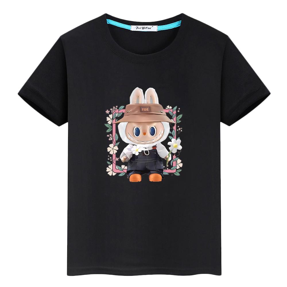 labubu 100% Baumwolle T-Shirt für Kinder Jungen 10 Jahre Kawaii Oberteile Anime Kurz Pride T-Shirt Y2K Kinderkleidung Mädchen Kleinkind Mädchen Kleidung 150 schwarz