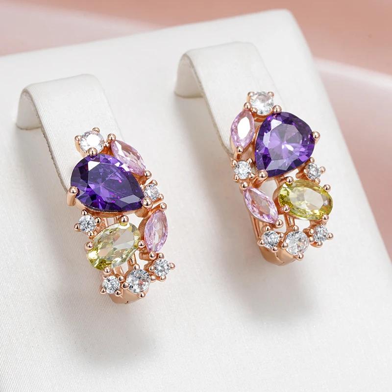 1 Paar Lila Rosa Zirkonia Hängeohrringe Für Damen Luxus Goldfarben Hochzeitsohrringe Modeschmuck bunt