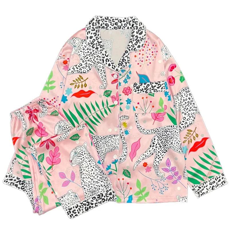 Pyjama Flamingo Damen Sommer Frühling Satin Seide Illustration Blume Pyjama Dünnes zweiteiliges Pyjama-Set Damen XL