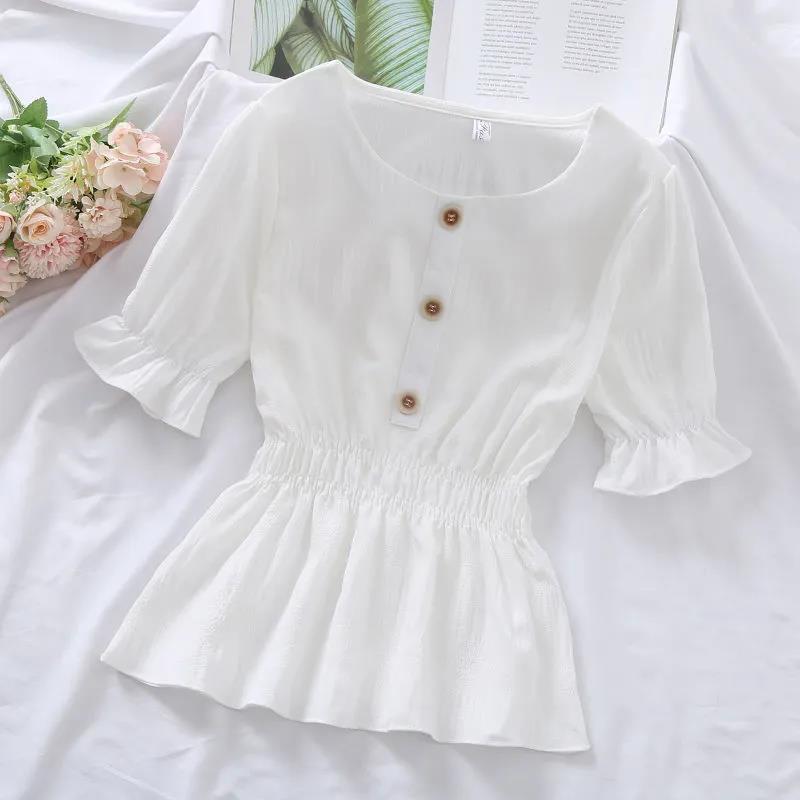 Chiffon-Bluse, Rundhalsausschnitt, plissierte Chiffon-Bluse, einfarbig, tailliert, Damen-Casual-Top, modisches koreanisches Top S weiß