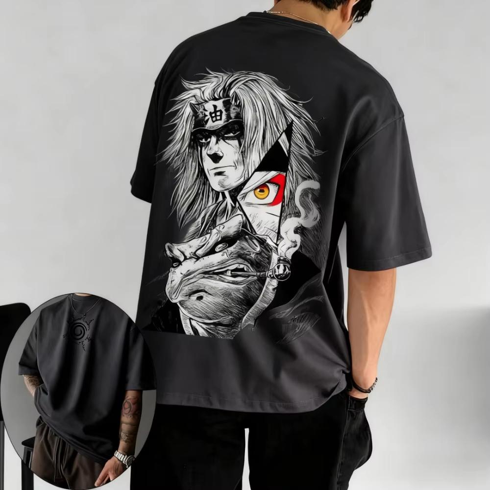 MINISO Herren T-Shirt Jiraiya Sommer und Herbst Jungen Kinderbekleidung Kurzarm Retro Harajuku Stil Herren Damen T-Shirts M gray