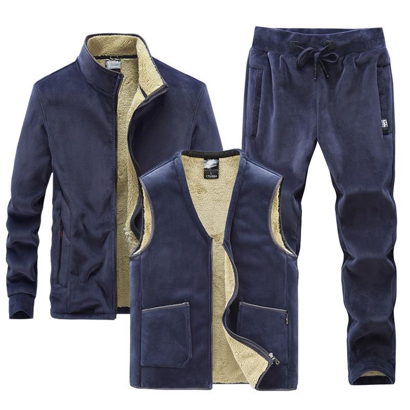 Fleece-Pullover Herrenanzug Lamm Herbst und Winter mit Kapuze Freizeit mittleren Alters dreiteiliges Set L black