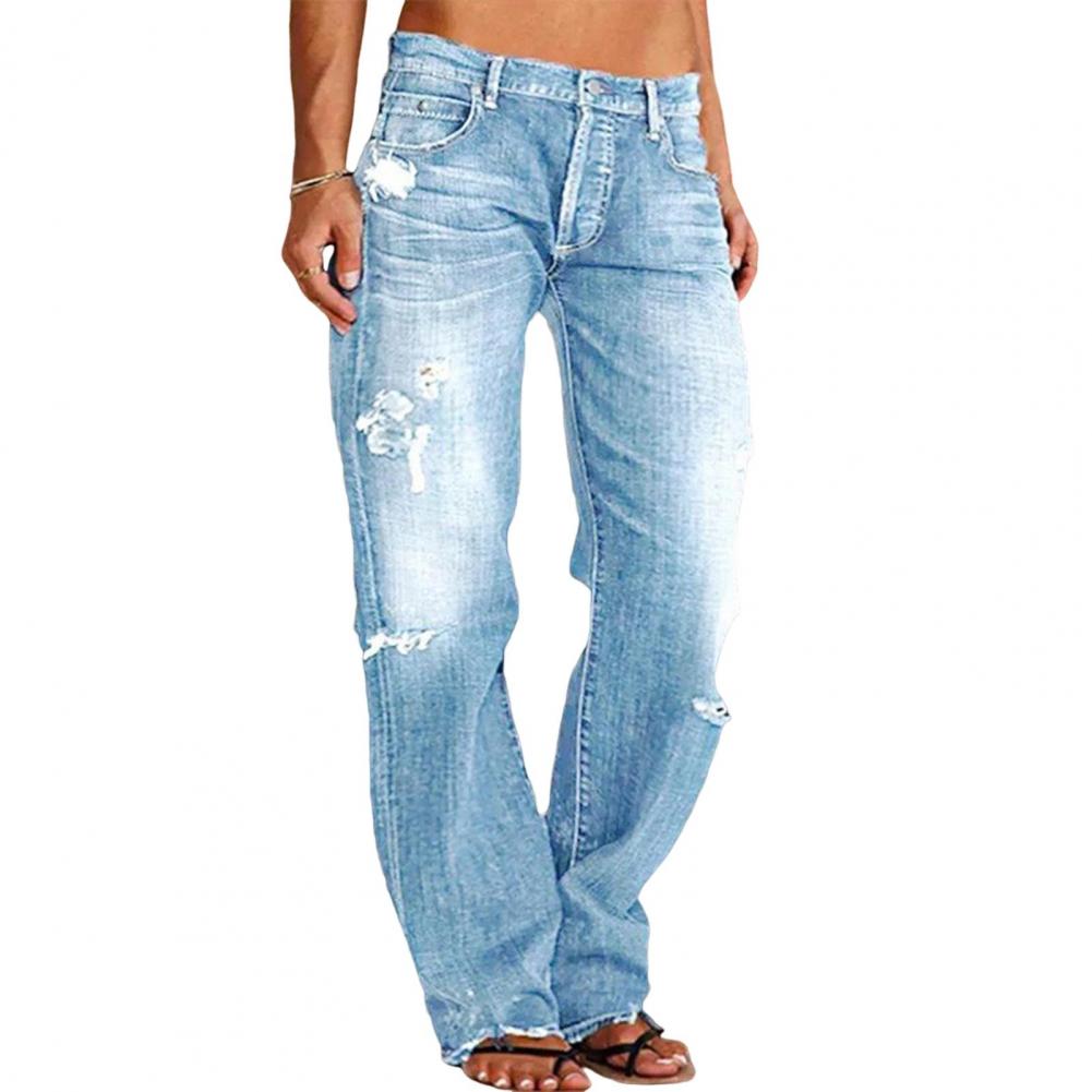 Jeanshose mit hoher Taille, stilvolle Damenjeans mit hoher Taille und zerrissenen Details, schmale Passform, mehrere Taschen für den täglichen Gebrauch, trendig M hellblaue