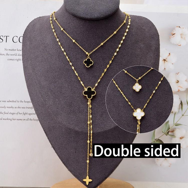 Doppelseitige Kleeblatt-Doppelschicht-Halskette für Damen, Titan-Stahl-Schmuck-Halskette, Pullover-Kette