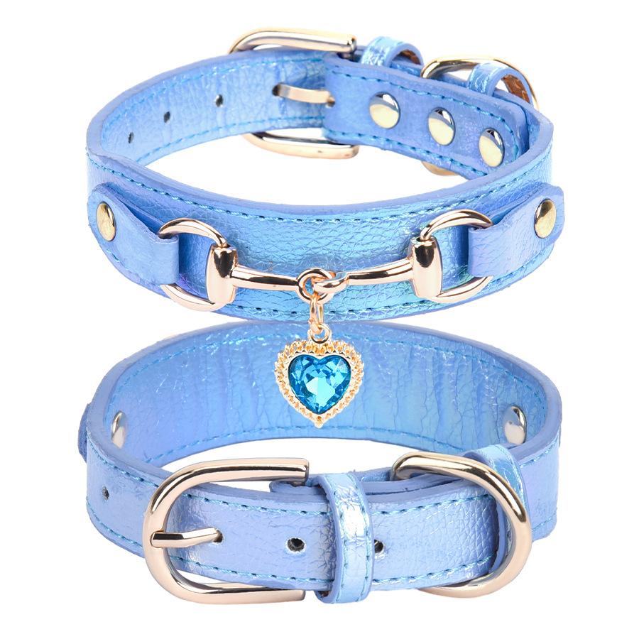 Glänzendes Strass-Haustierhalsband Liebes-Schmuck Hundehalsband Bequemes Leder-Hundehalsband Verstellbar (Blue,M)