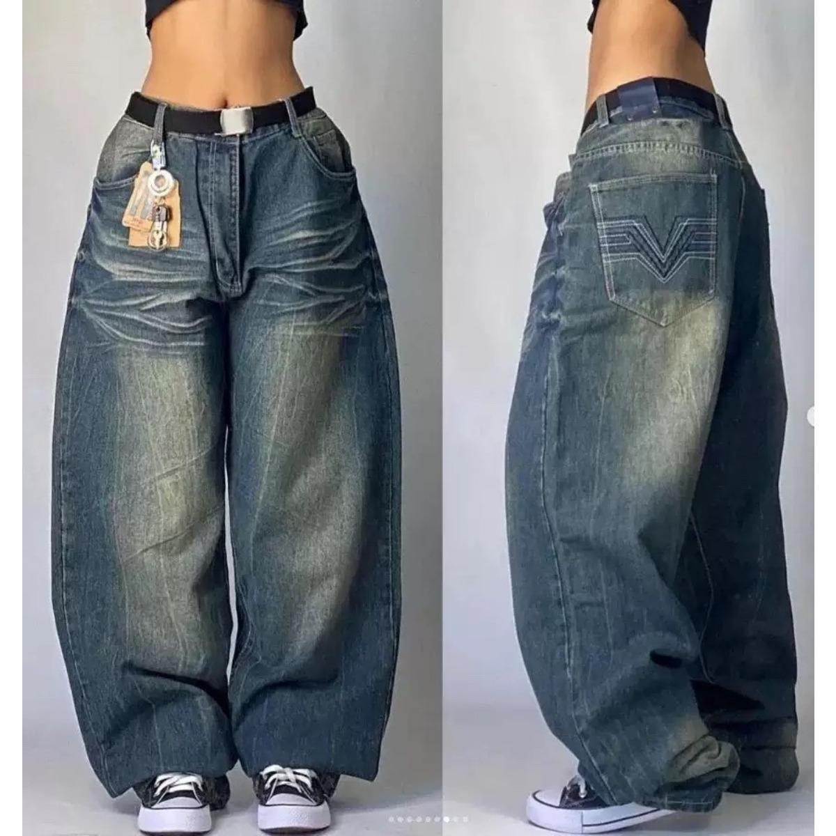 BeatStreet Amerikanische Mode Neue Schwarze Alt Gewaschene Löcher Baggy Jeans Damen Y2K Vintage Punk Mode Lässig Joker Hohe Taille Weiter Bein Hosen M
