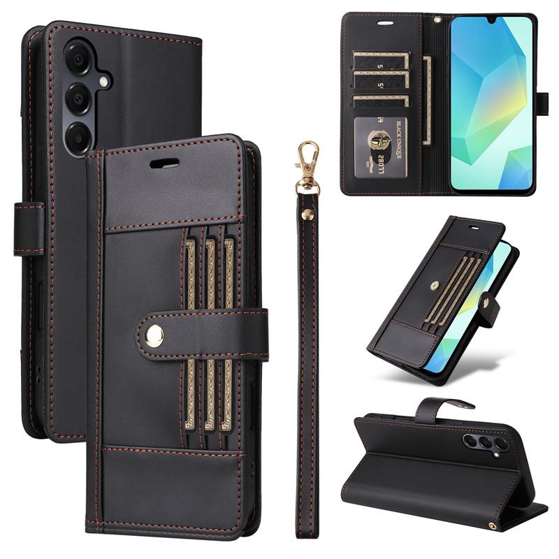 Klapphülle aus Leder für Samsung Galaxy A17 A07 A06 A16 4G A26 A36 A56 5G Flip Cover Handyhüllen Außen 6 Kartenfächer PU Leather&Galaxy A17 5G schwarz