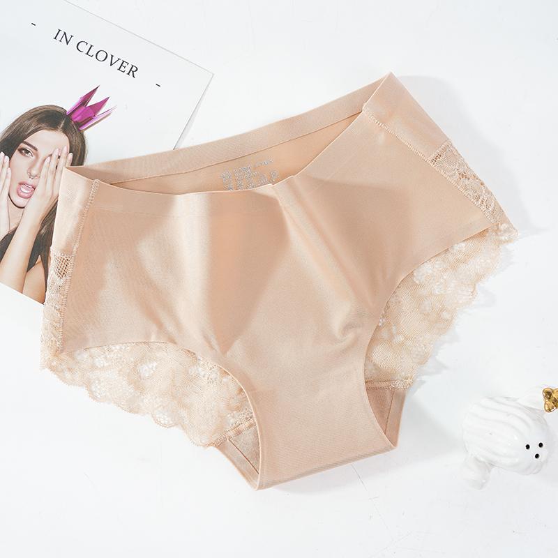 Nahtlose Damen-Unterhose, Seiden-Spitzen-Slip, Unterwäsche, Damen-Bikini-Höschen, mittlere Taille, Hipster, Blumen-Dessous, Mädchen-Dessous L