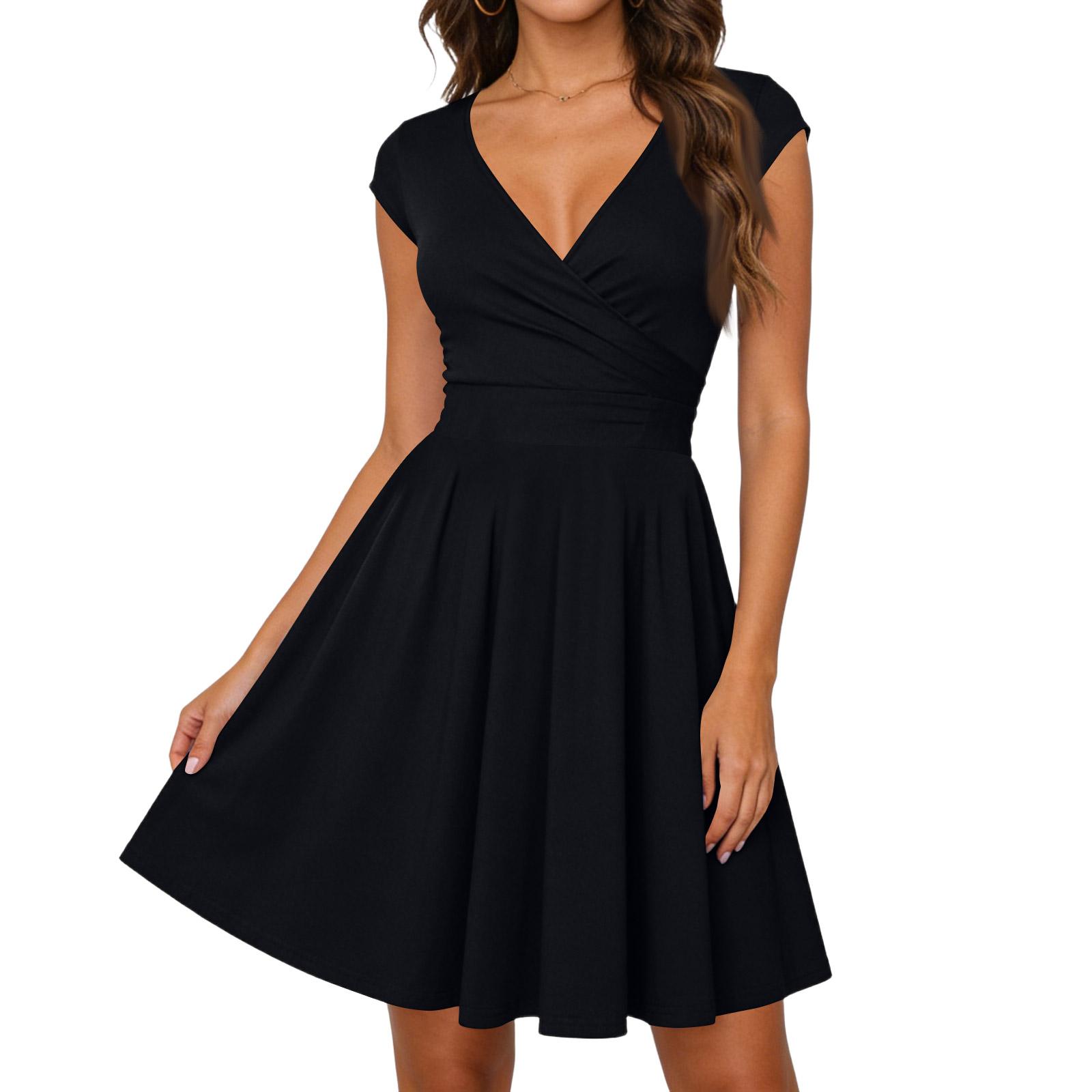 Kurzarm V-Ausschnitt Fit and Flare Sommerkleider für Damen Frühlingskleider für Damen Sommerkleider Boho Kleider für Damen 2026 XXL schwarz