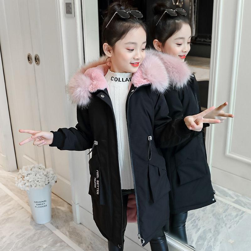 Mädchen Daunenmantel Jacke Baumwolle Outwear Mantel Pelz Warm Verdicken Plus Samt Winter Atmungsaktive Kinderkleidung 160 schwarz